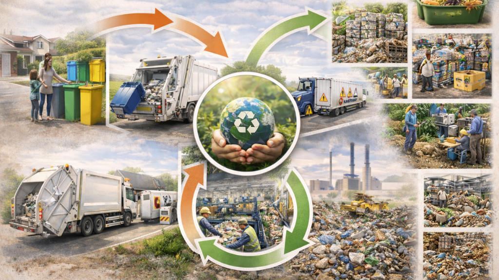 Infografía del ciclo de vida del reciclado: recolección, clasificación, transformación y reincorporación al ciclo productivo